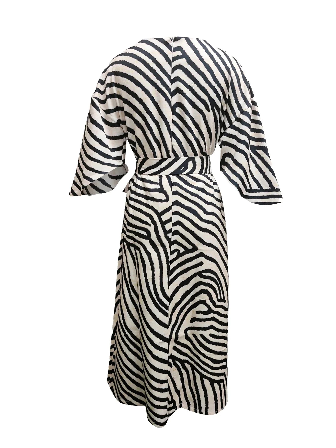 Women's Elegant Floral Print Wide Sleeve Belted Midi Dress