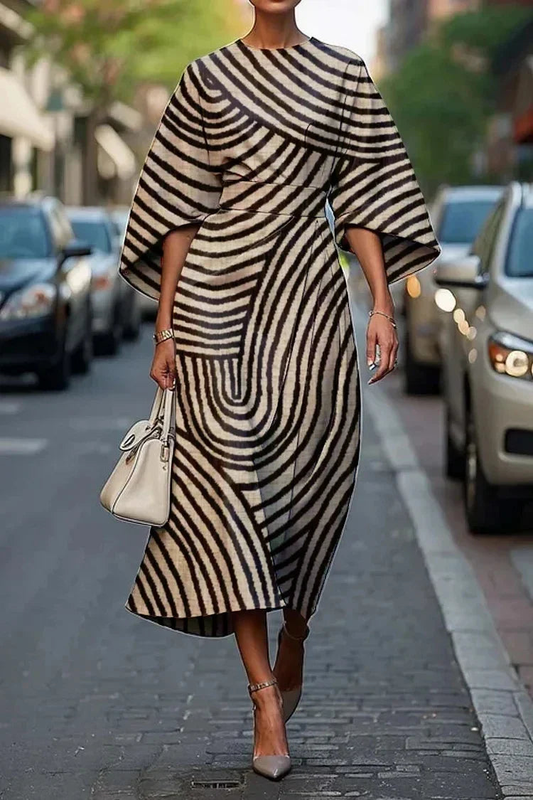 Women's Elegant Floral Print Wide Sleeve Belted Midi Dress