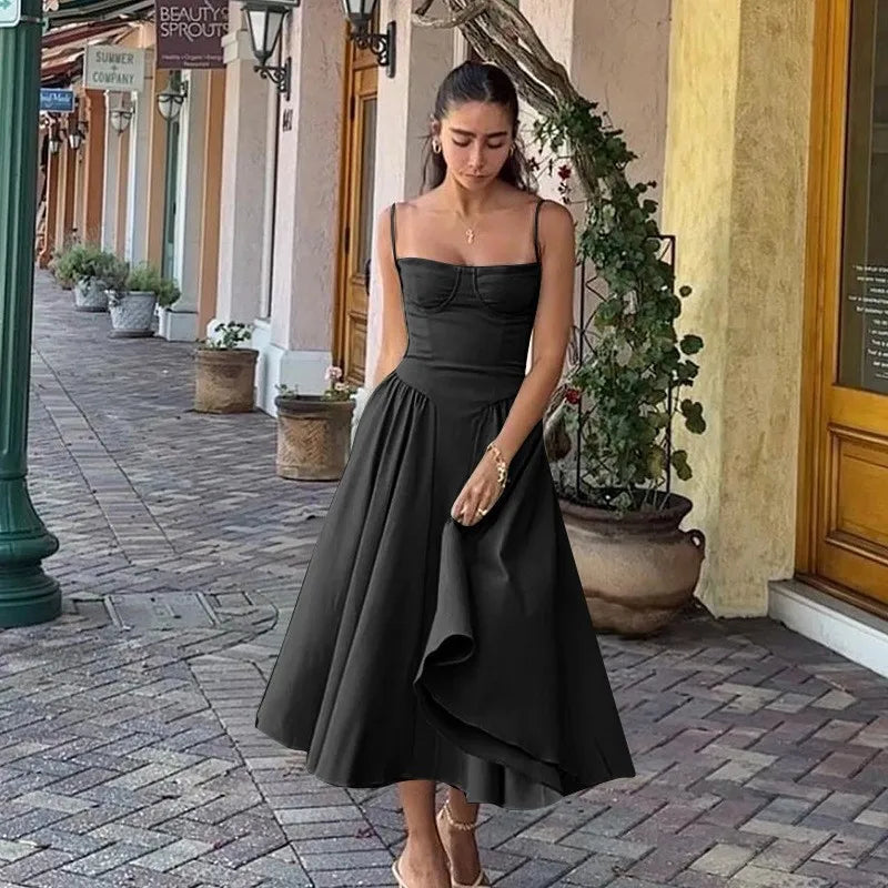 Women's Sleek Solid Sling Backless Pleated A-Line Midi Dress