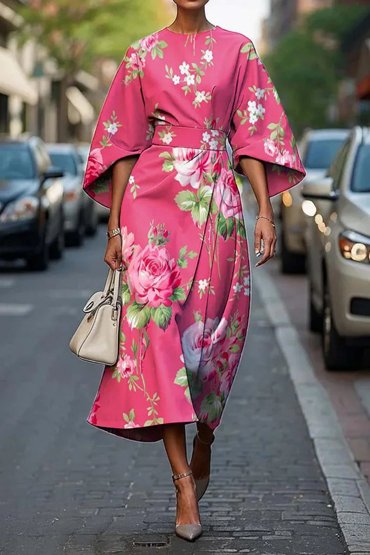 Women's Elegant Floral Print Wide Sleeve Belted Midi Dress