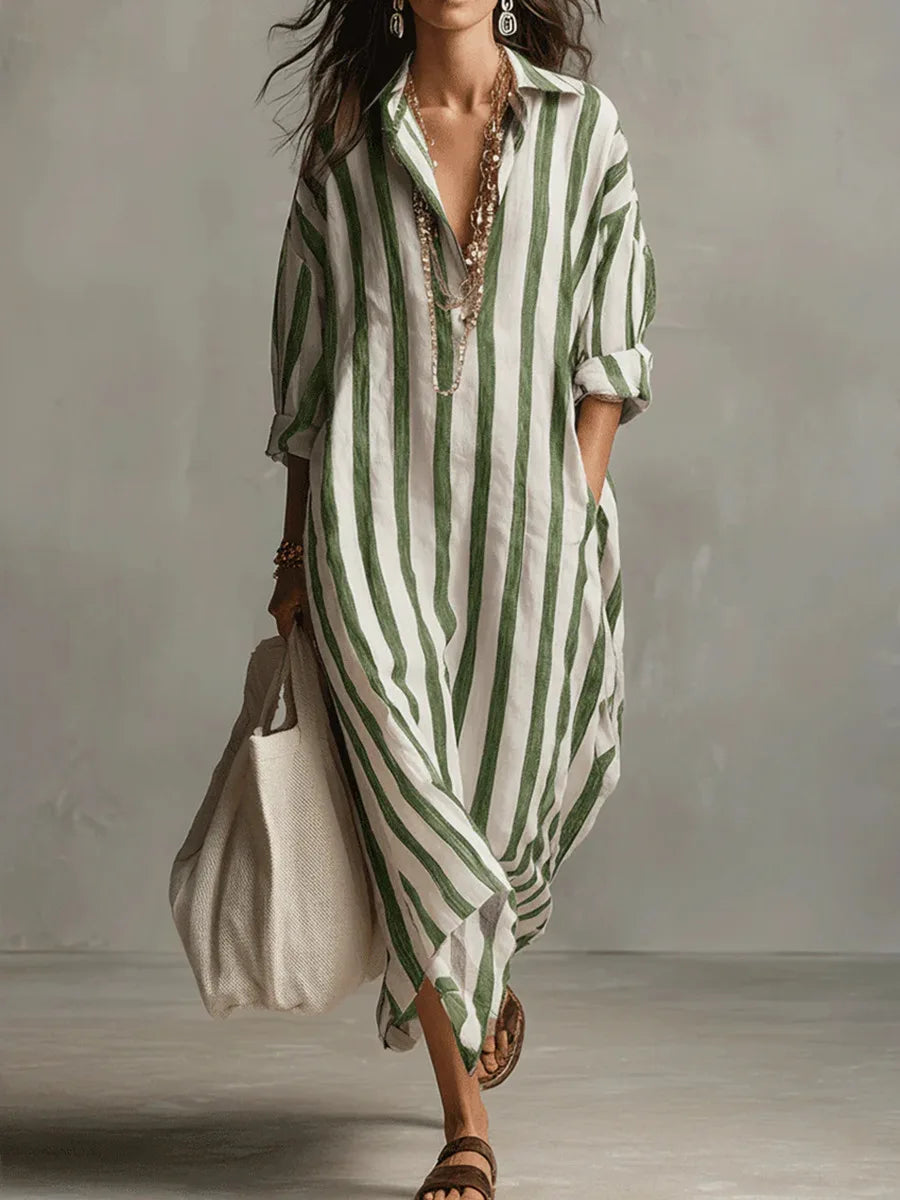 Women's Laid-Back Striped Oversized Linen Shirt Casual Maxi Dress