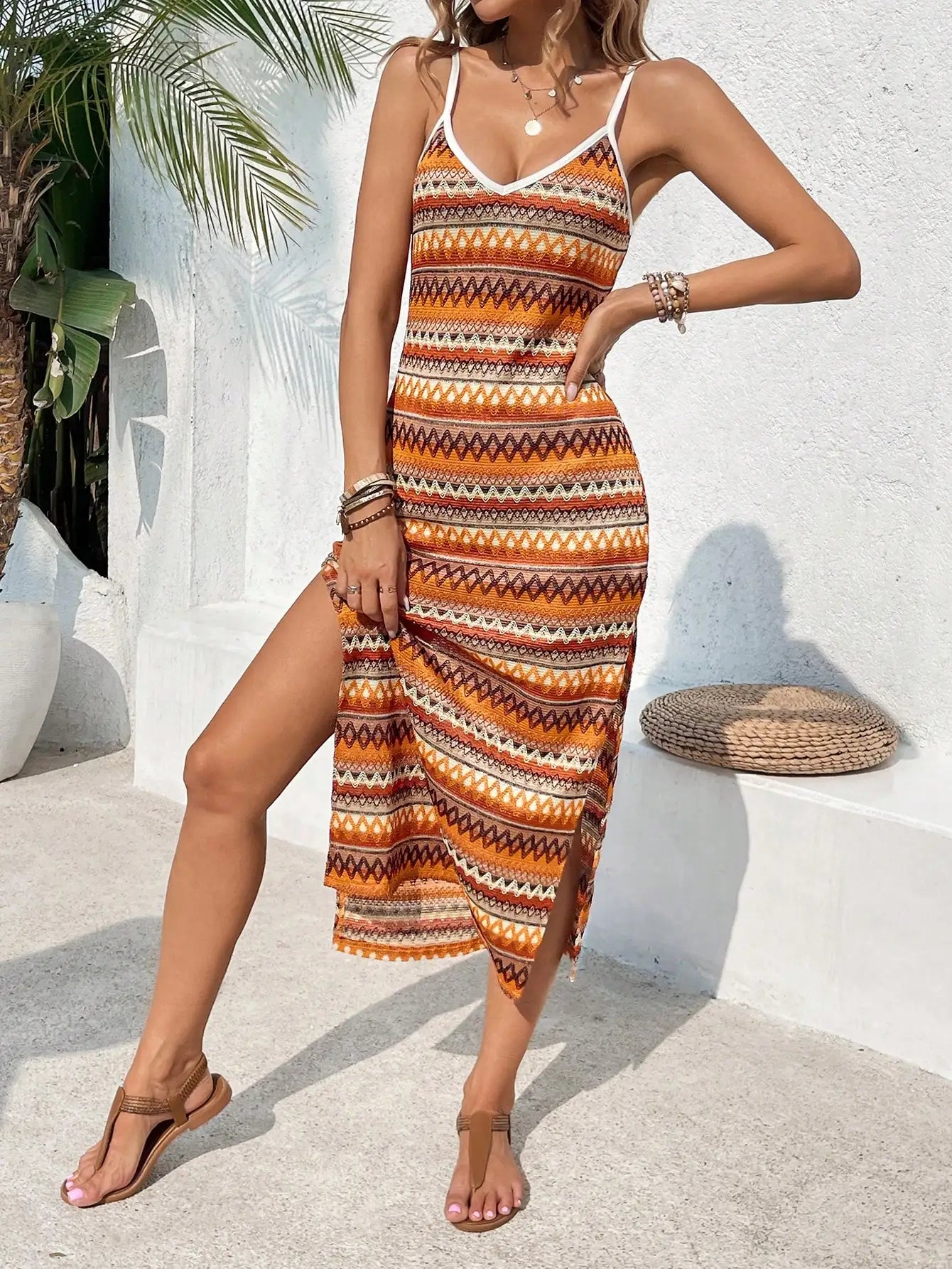 Women's Boho Geometric Striped Knit High-Split Cami Maxi Dress