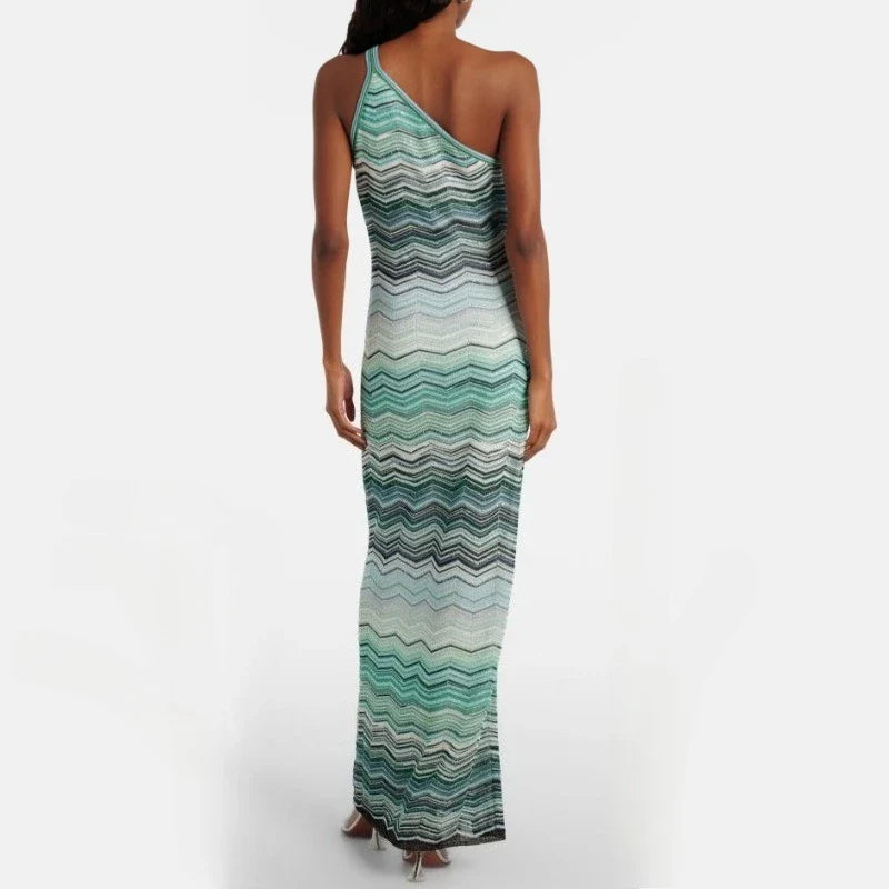 Women's Glitzy Gradient Zigzag Print One-Shoulder Bodycon Maxi Dress