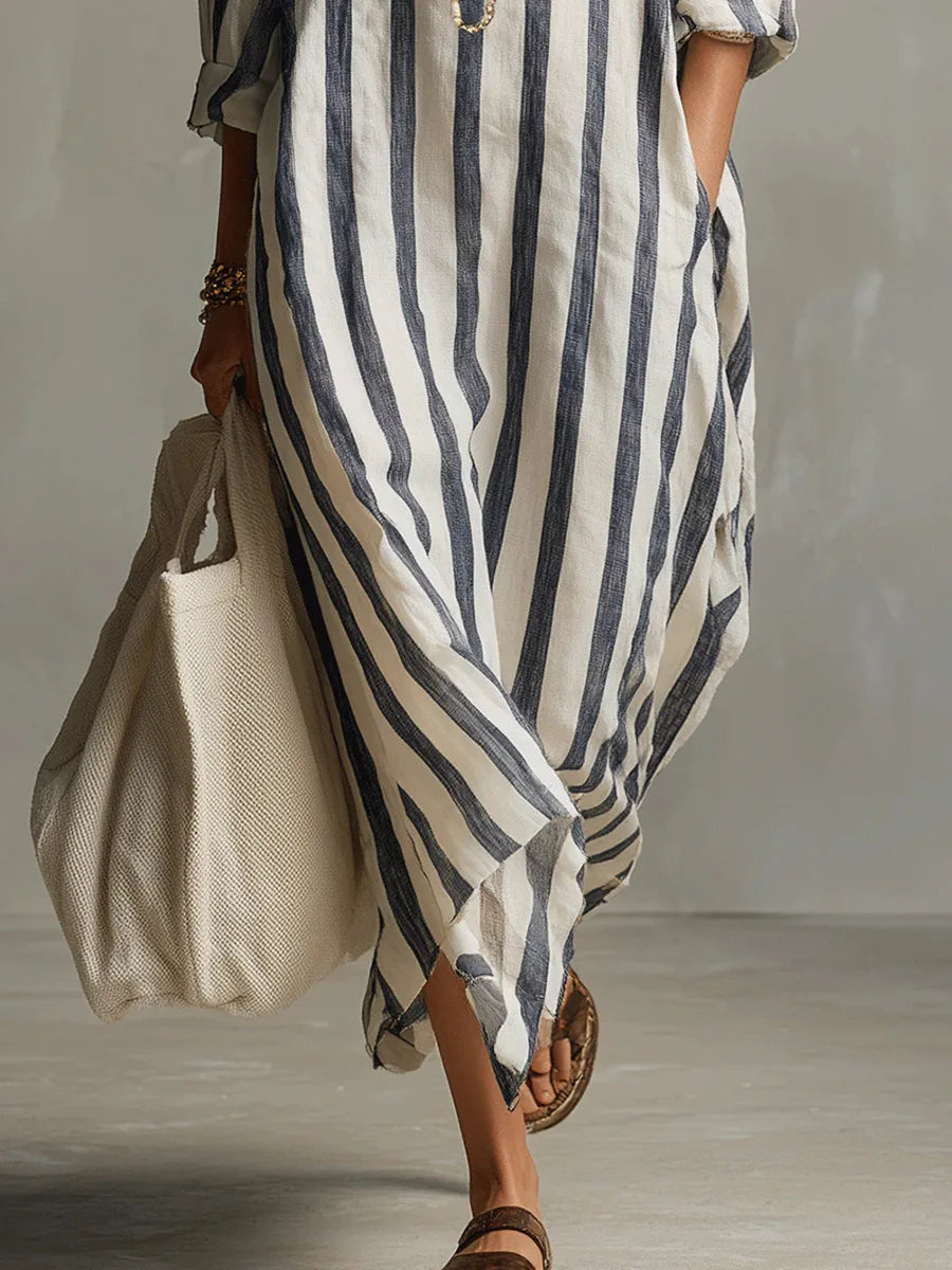 Women's Laid-Back Striped Oversized Linen Shirt Casual Maxi Dress