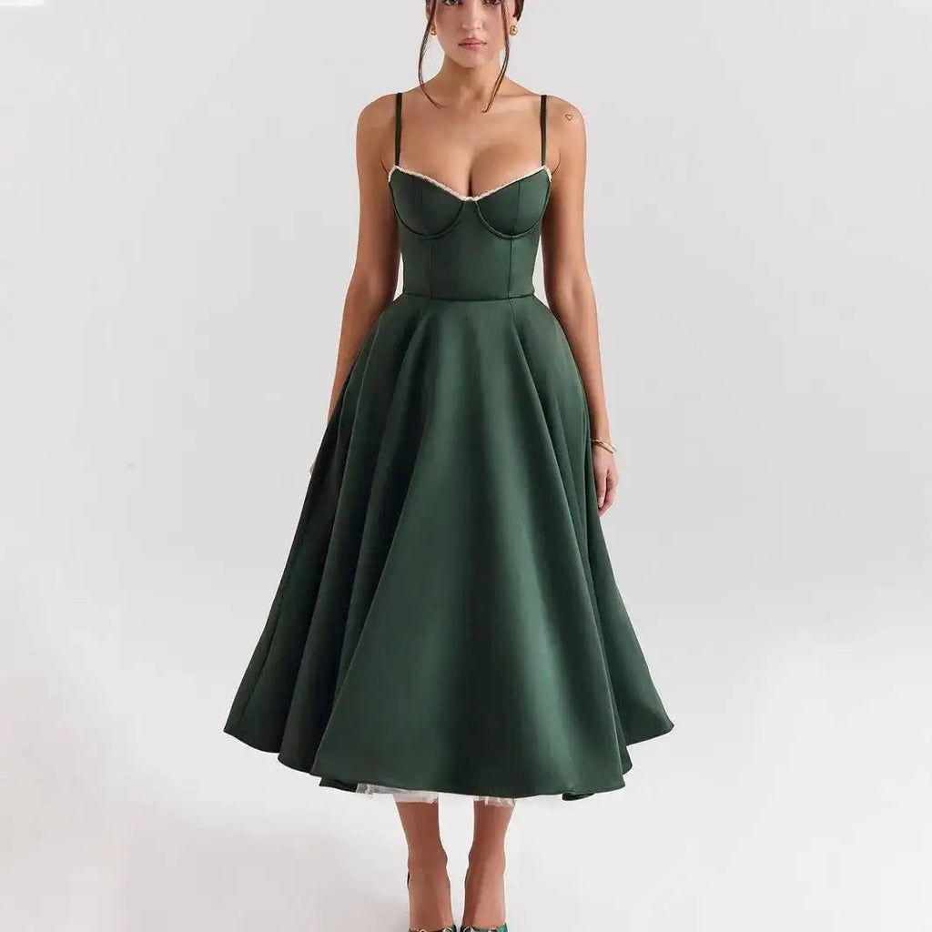Women's Luxe Satin Strapless French-Waist Strap Midi Dress