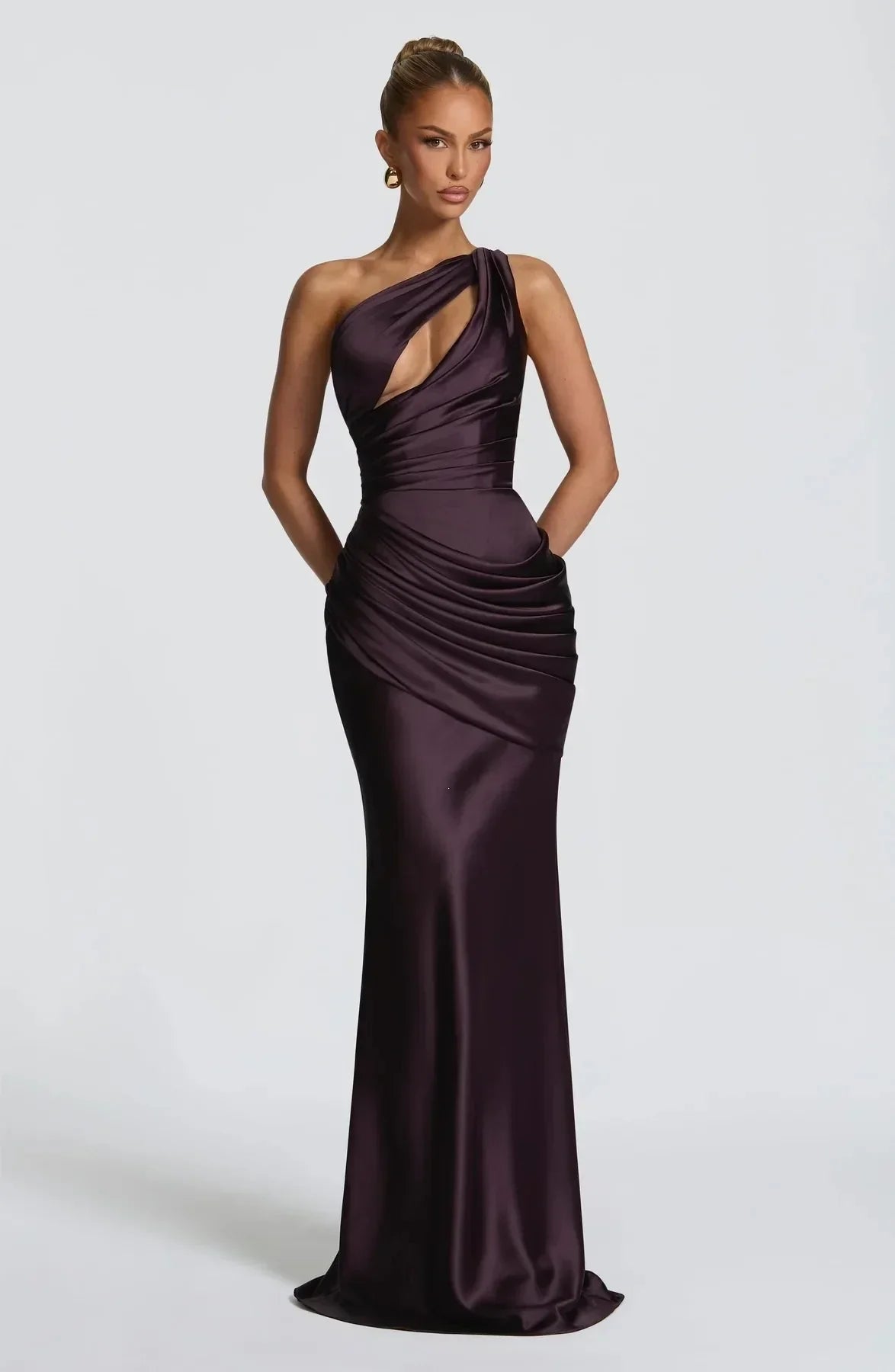 Women's Glamorous Satin One-Shoulder Ruched Mermaid Maxi Dress