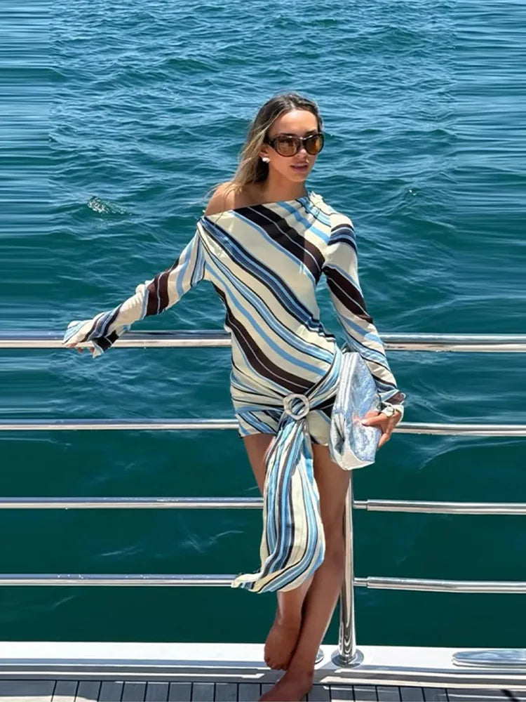 Women's Playful Stripe Print Skew Collar Full Sleeve Mini Dress