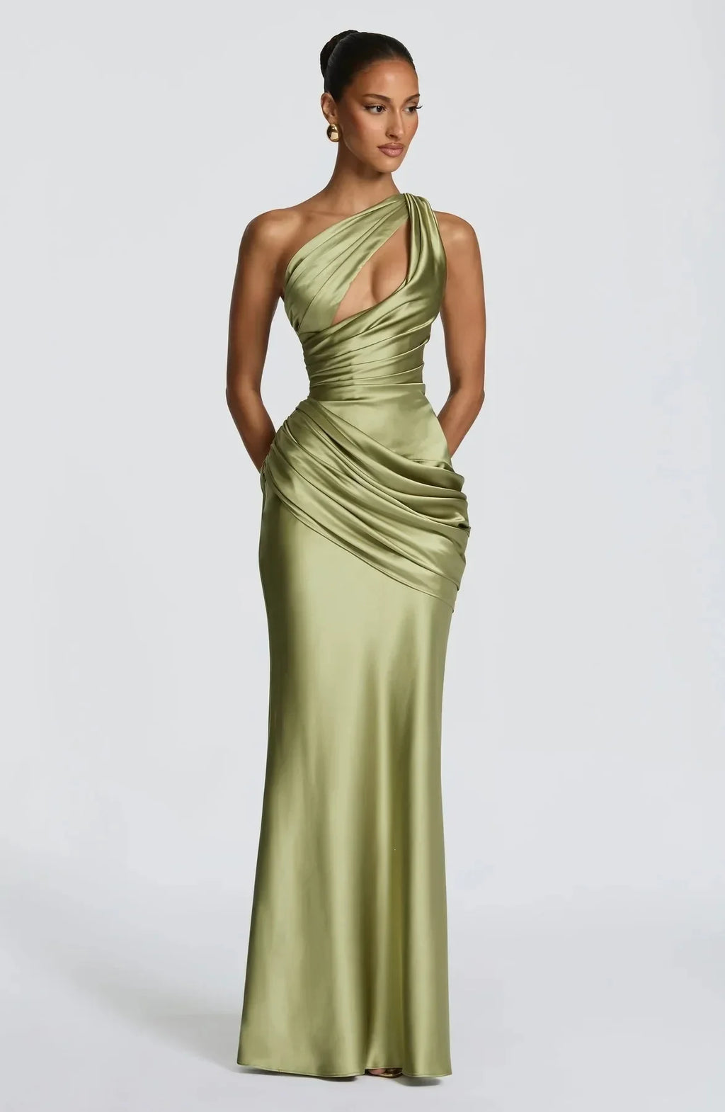 Women's Sleek Ruched Satin One-Shoulder Cutout Mermaid Maxi Dress