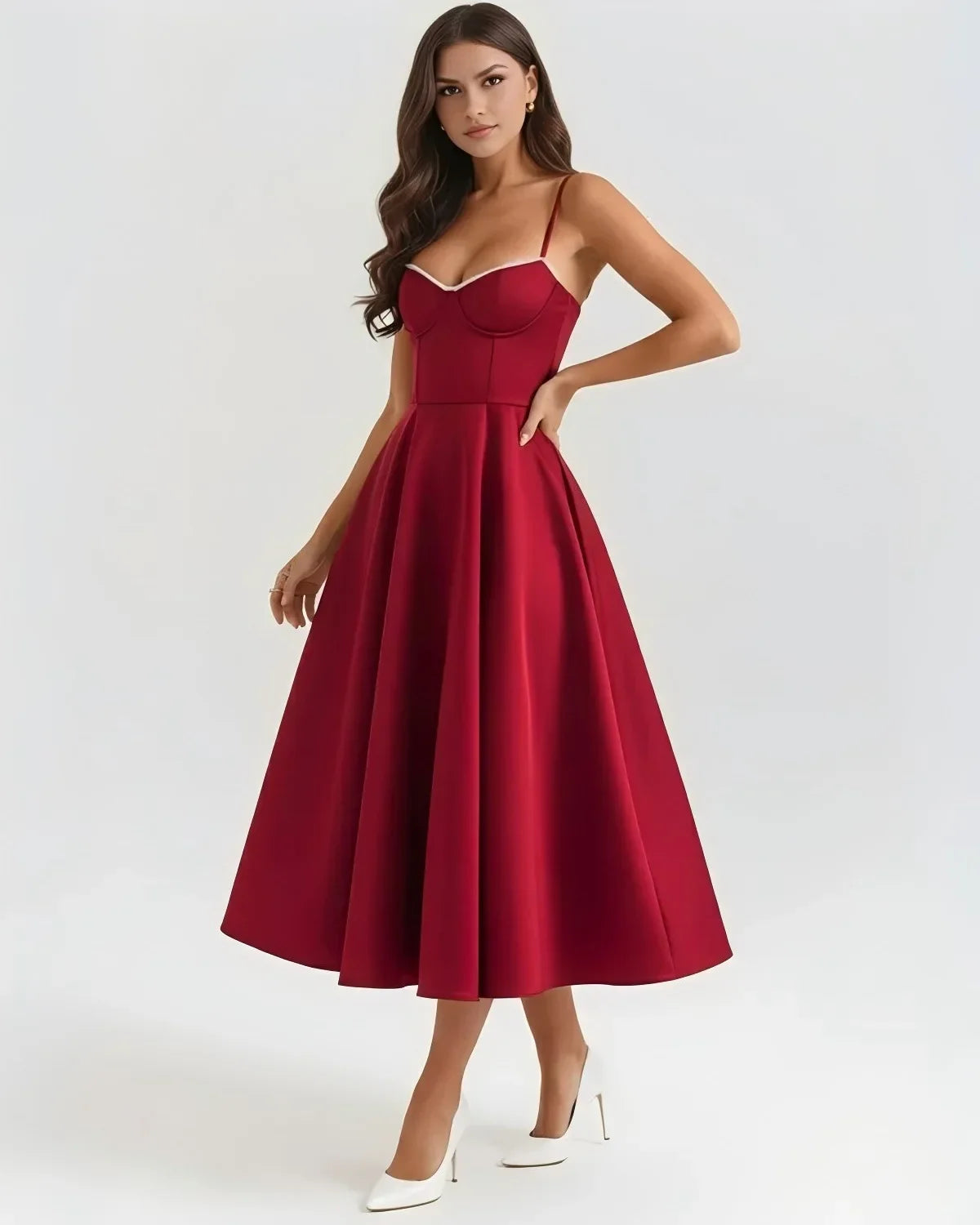 Women's Luxe Satin Strapless French-Waist Strap Midi Dress