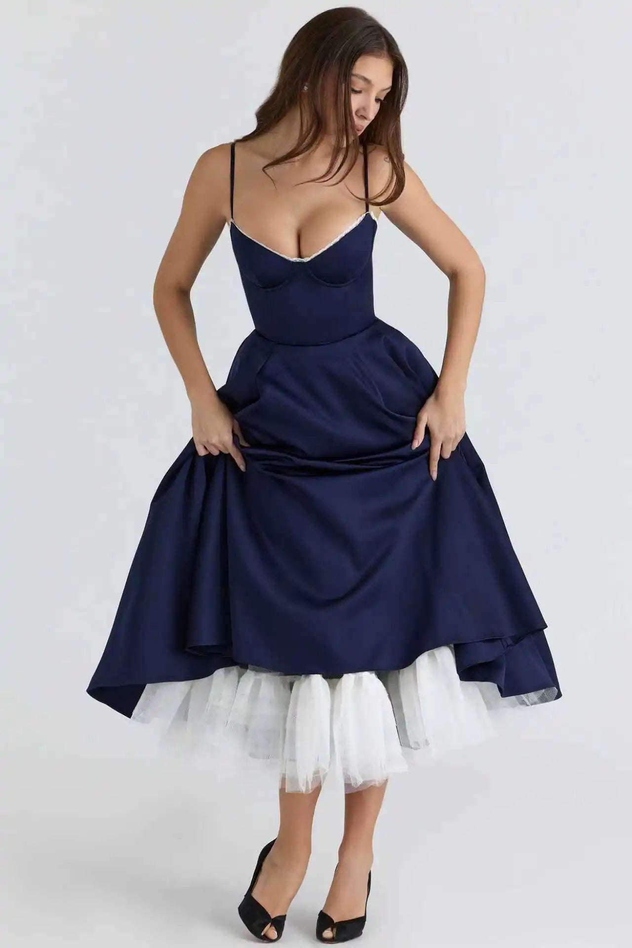 Women's Luxe Satin Strapless French-Waist Strap Midi Dress