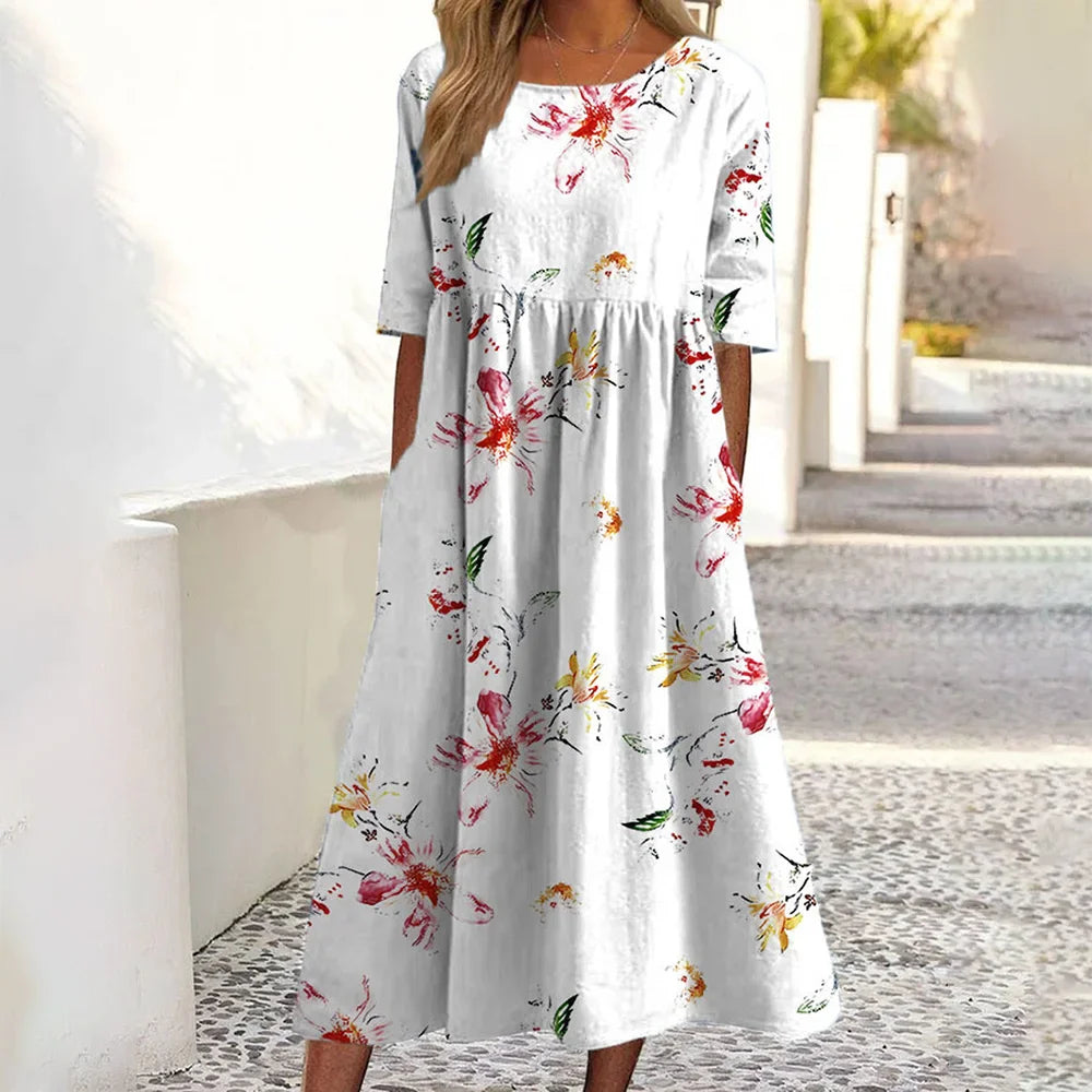 Women's Casual Crew Neck Pocket Short Sleeve Printed Dress