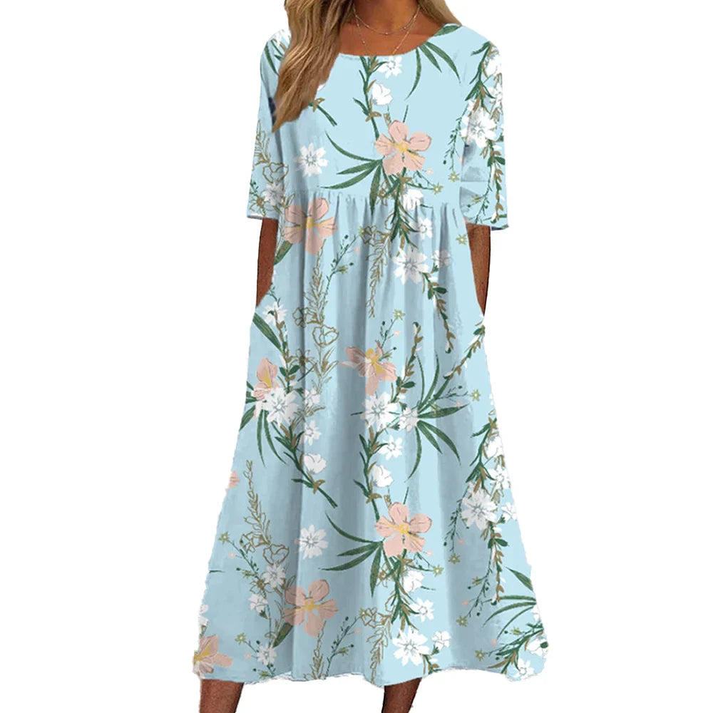 Women's Casual Crew Neck Pocket Short Sleeve Printed Dress