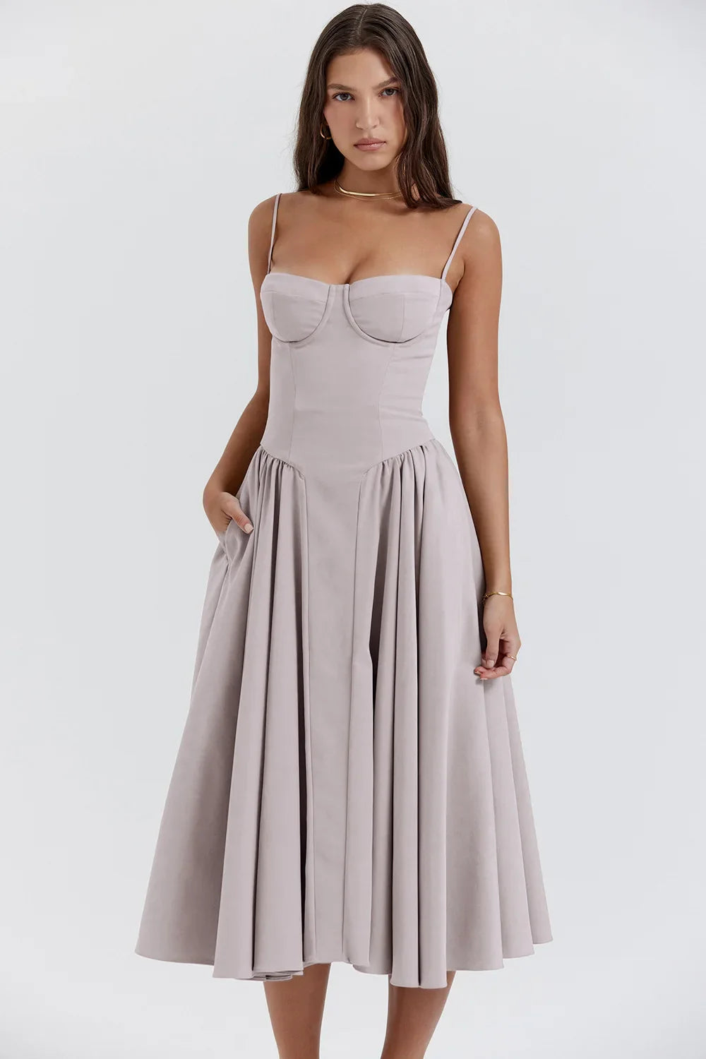 Women's Sleek Solid Sling Backless Pleated A-Line Midi Dress