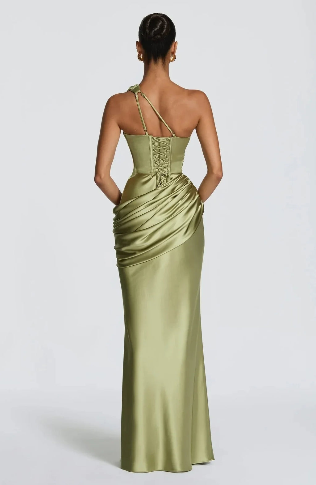 Women's Sleek Ruched Satin One-Shoulder Cutout Mermaid Maxi Dress
