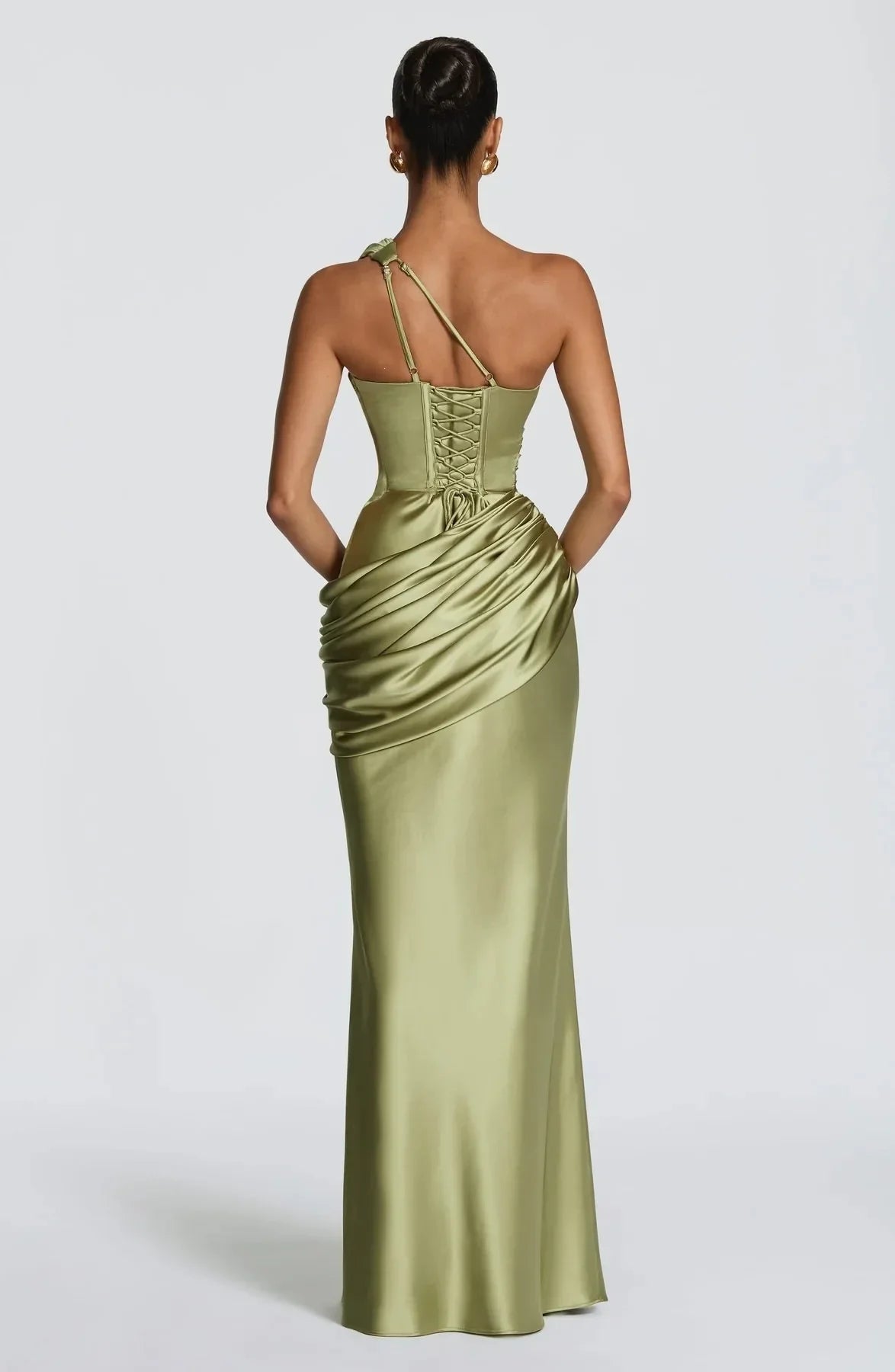 Women's Sleek Ruched Satin One-Shoulder Cutout Mermaid Maxi Dress