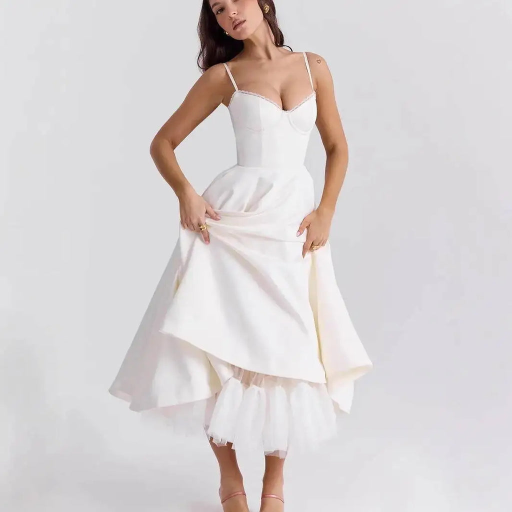 Women's Luxe Satin Strapless French-Waist Strap Midi Dress