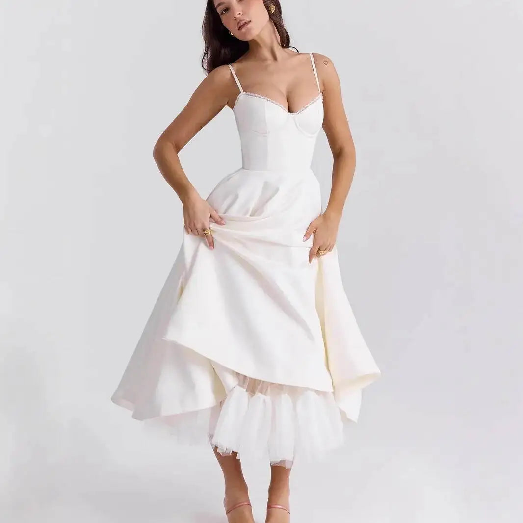 Women's Luxe Satin Strapless French-Waist Strap Midi Dress