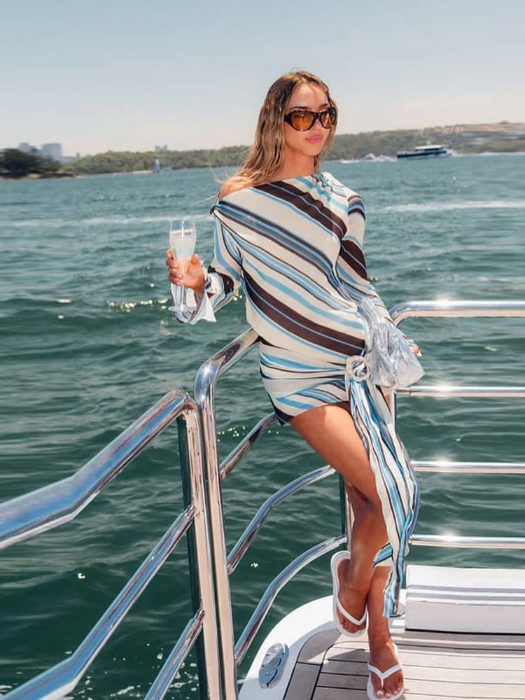 Women's Playful Stripe Print Skew Collar Full Sleeve Mini Dress