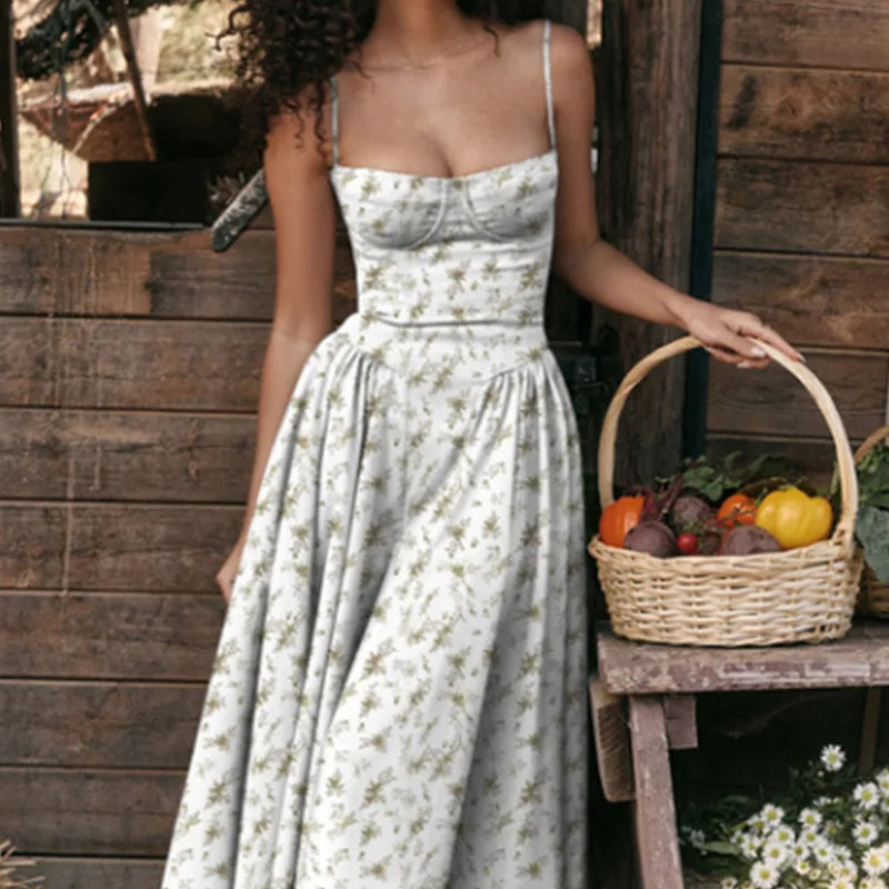 Women's Sleek Solid Sling Backless Pleated A-Line Midi Dress