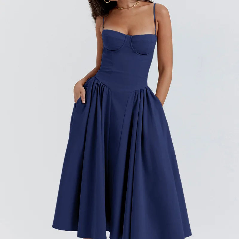 Women's Sleek Solid Sling Backless Pleated A-Line Midi Dress