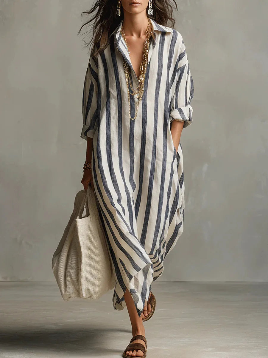 Women's Laid-Back Striped Oversized Linen Shirt Casual Maxi Dress