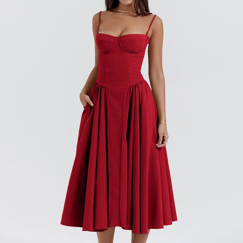 Women's Sleek Solid Sling Backless Pleated A-Line Midi Dress