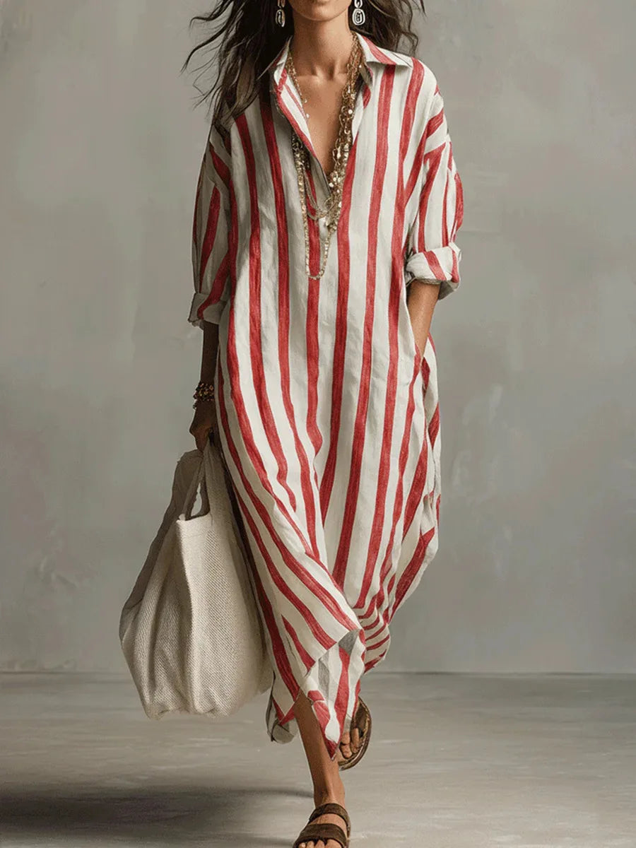 Women's Laid-Back Striped Oversized Linen Shirt Casual Maxi Dress