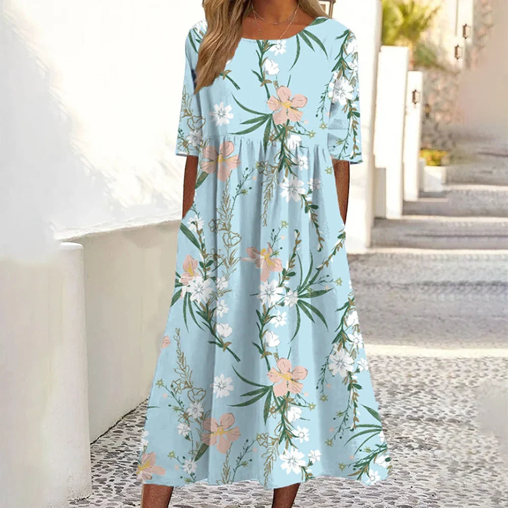 Women's Casual Crew Neck Pocket Short Sleeve Printed Dress