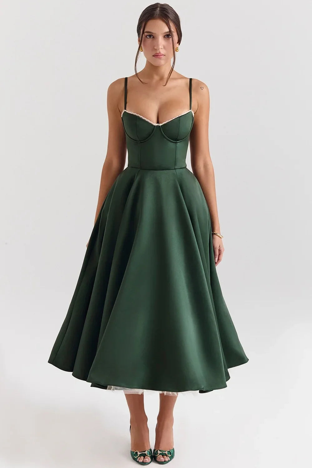 Women's Luxe Satin Strapless French-Waist Strap Midi Dress