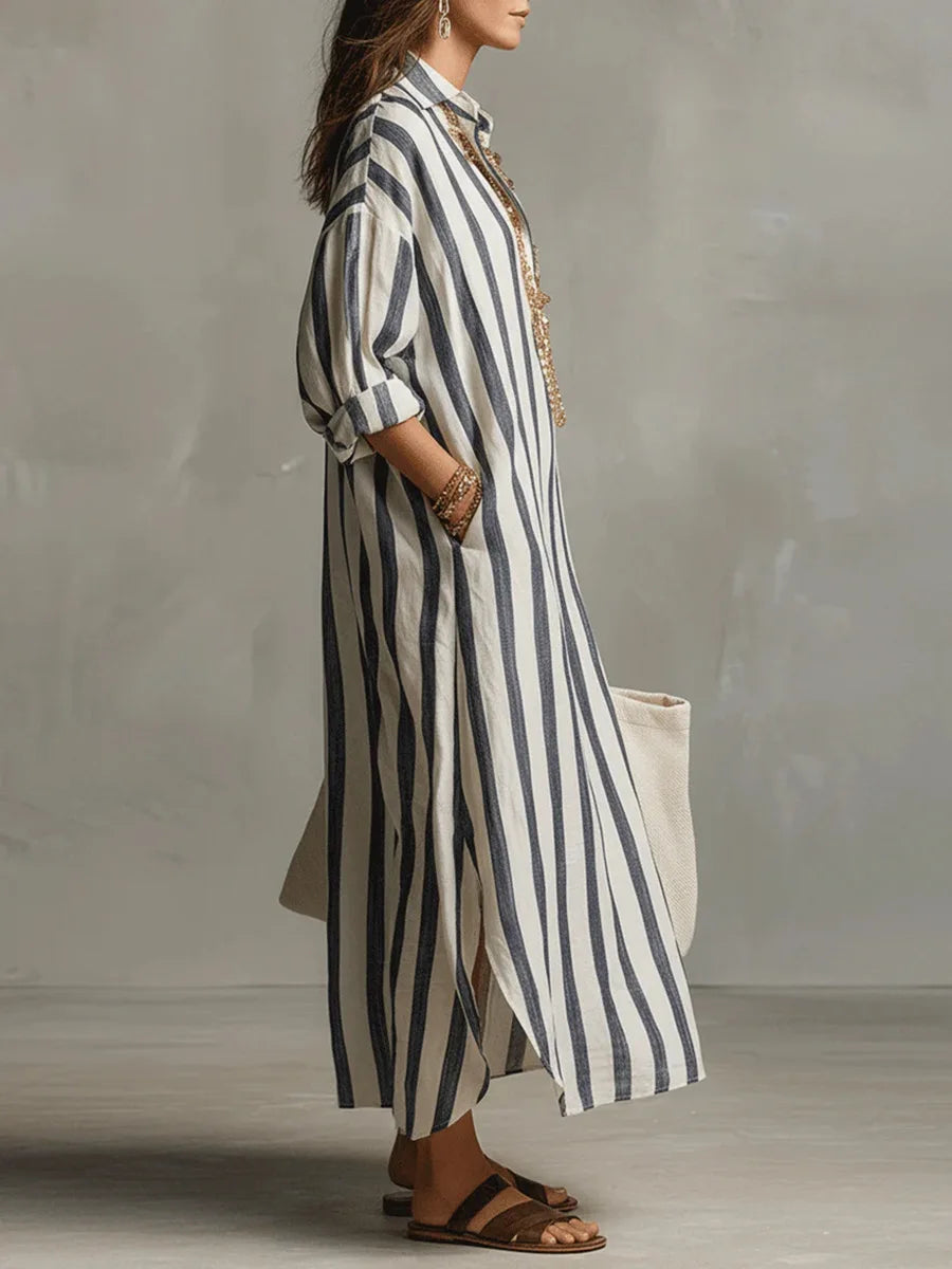 Women's Laid-Back Striped Oversized Linen Shirt Casual Maxi Dress