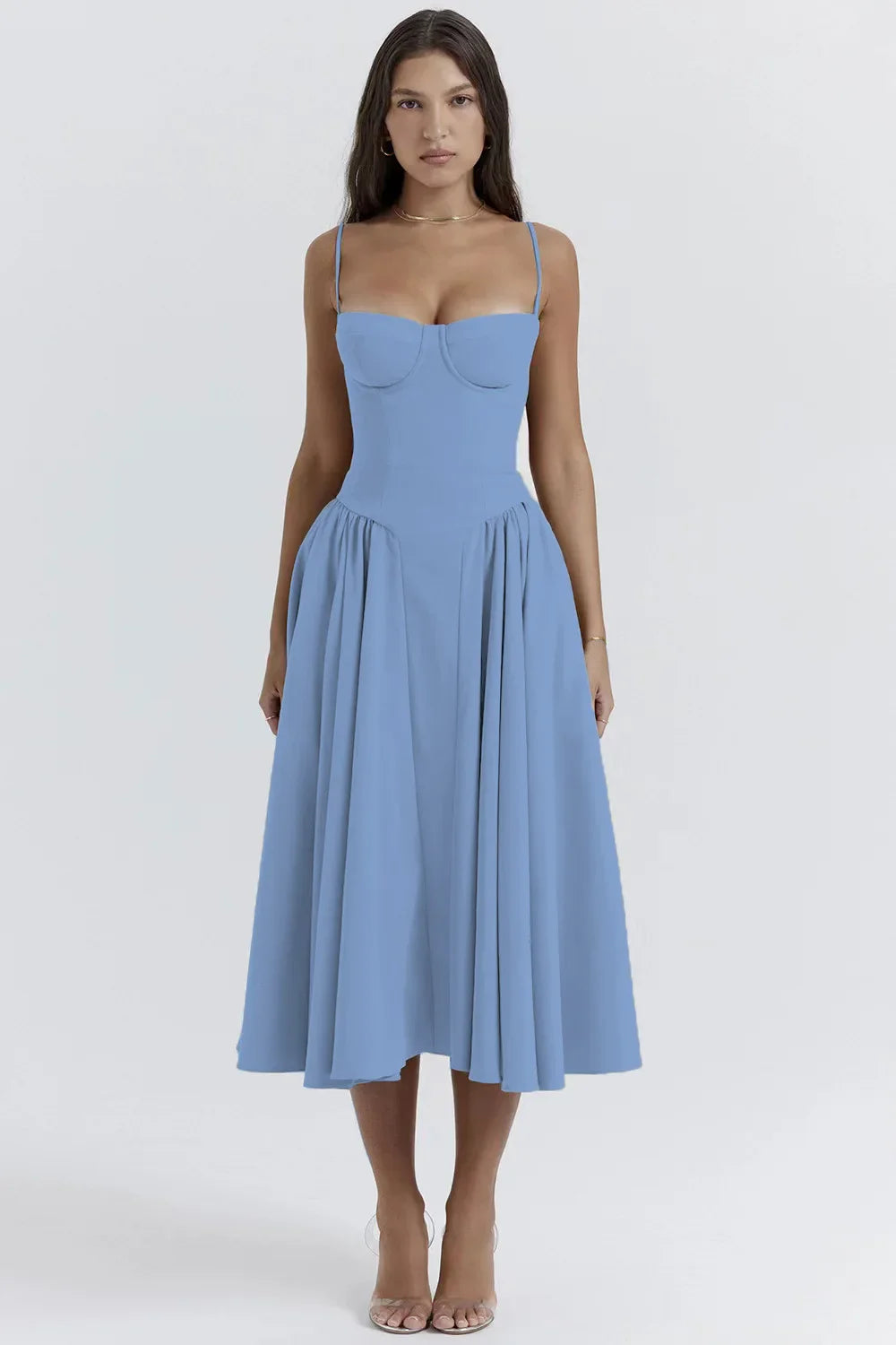 Women's Sleek Solid Sling Backless Pleated A-Line Midi Dress