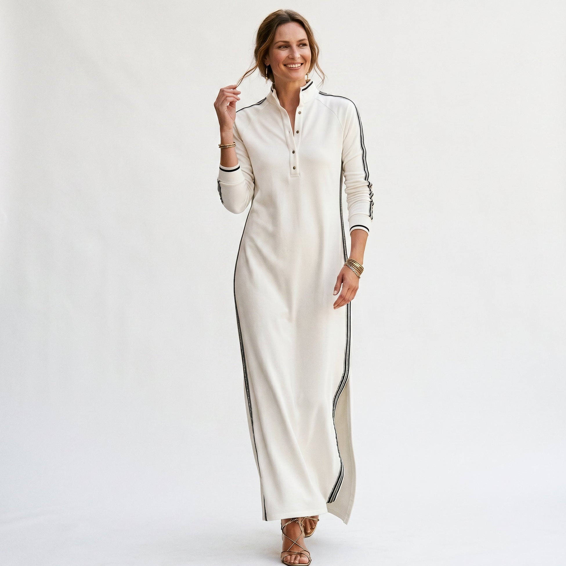 Women's Chic White Maxi Dress with Button-Down Collar