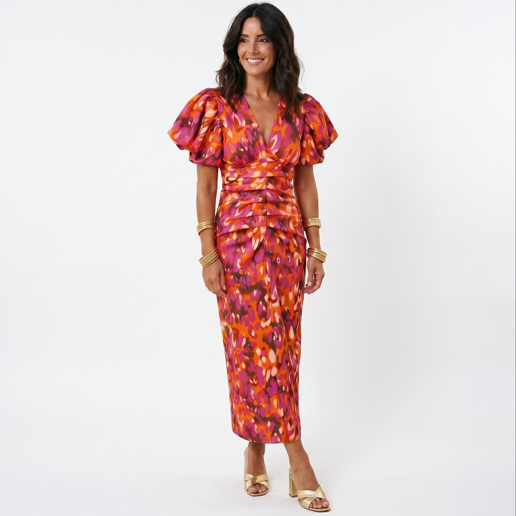 Women's Stylish Midi Dress with Puff Sleeves