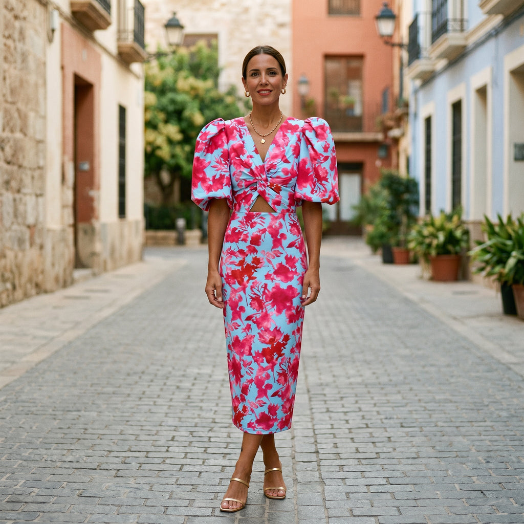 Women's Stylish Midi Dress with Puff Sleeves