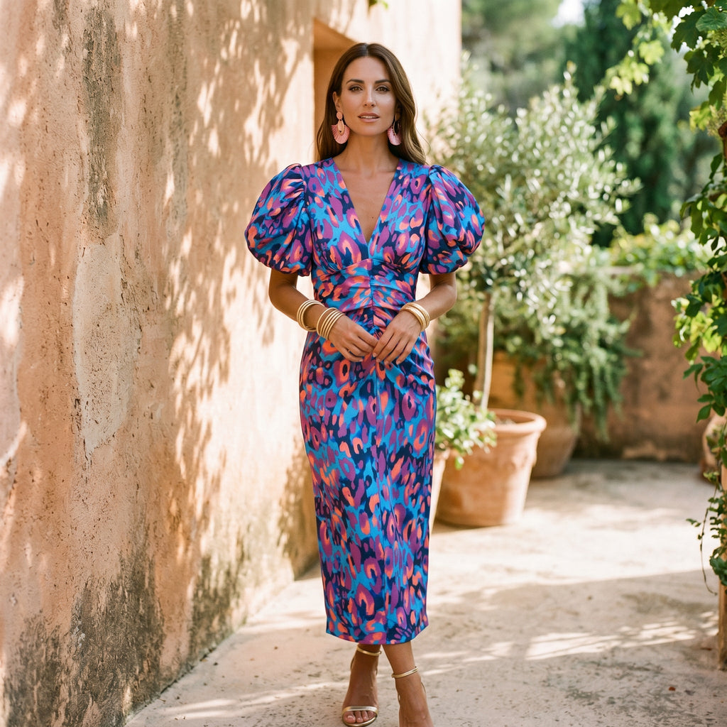 Women's Stylish Midi Dress with Puff Sleeves