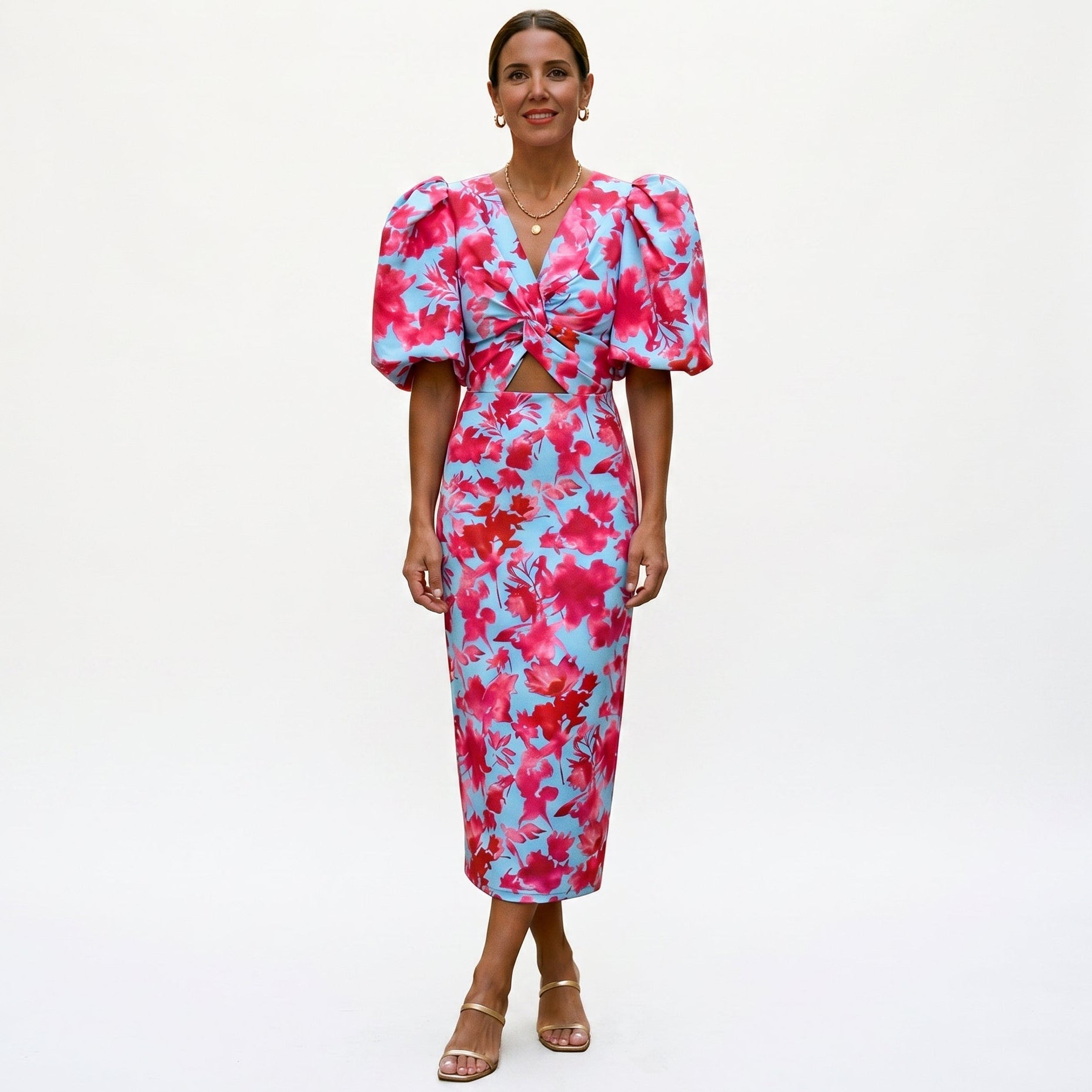 Women's Stylish Midi Dress with Puff Sleeves