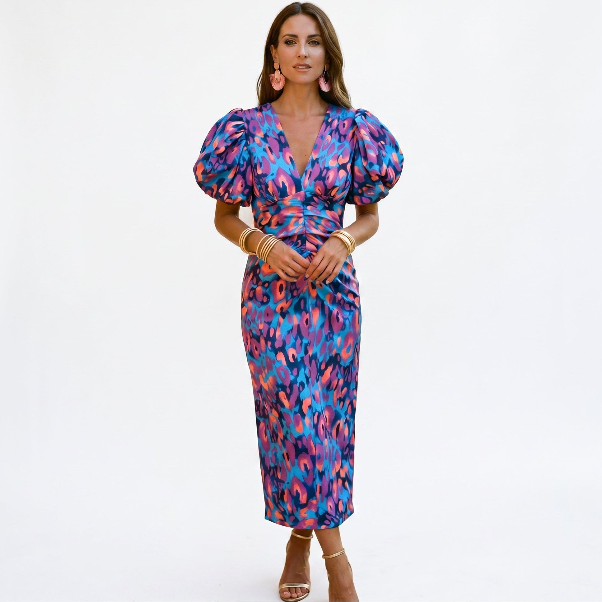 Women's Stylish Midi Dress with Puff Sleeves