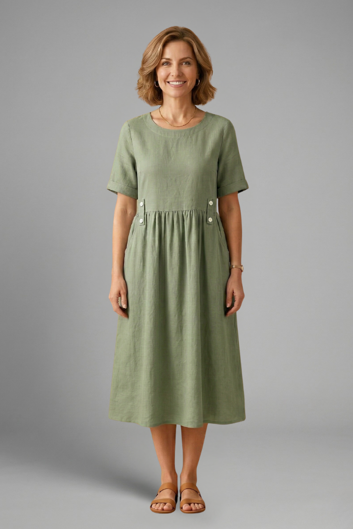 Women's Effortless Round Neck Loose Fit Midi Dress