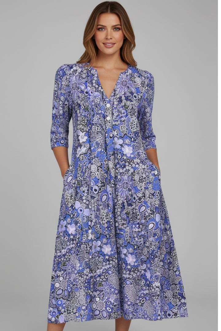 Women's Classic V-Neck Three-Quarter Sleeve Midi Dress