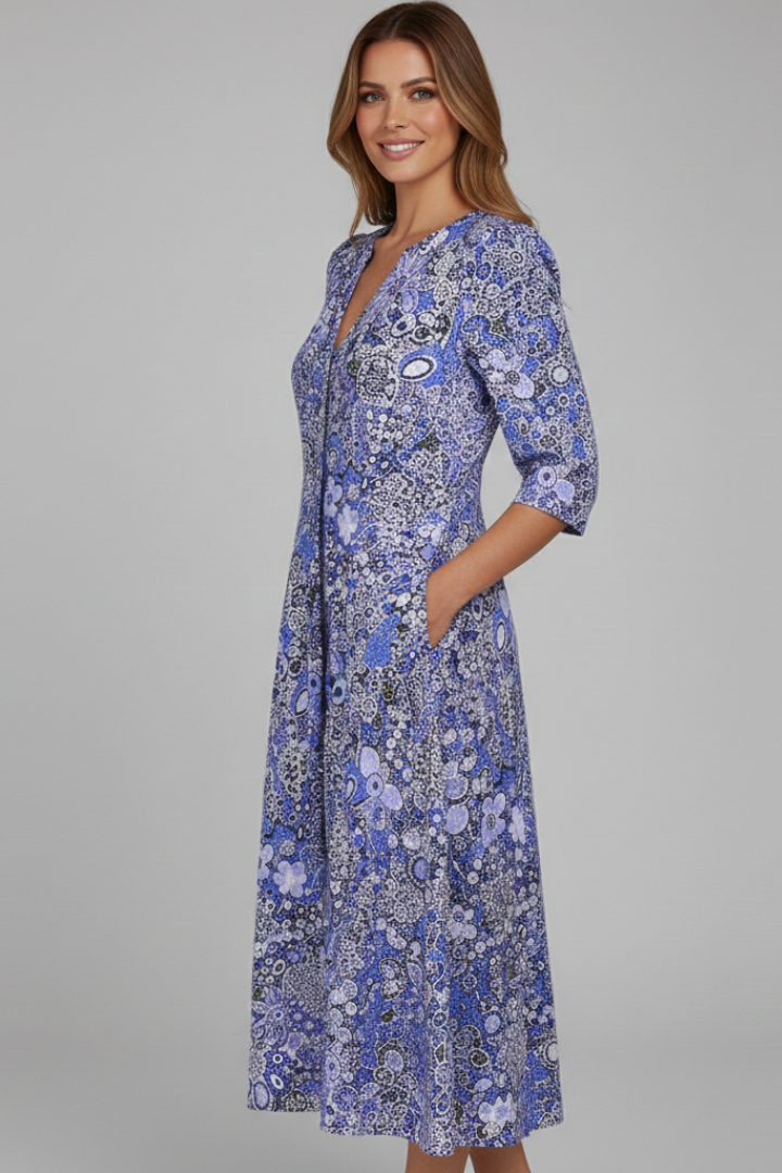 Women's Classic V-Neck Three-Quarter Sleeve Midi Dress