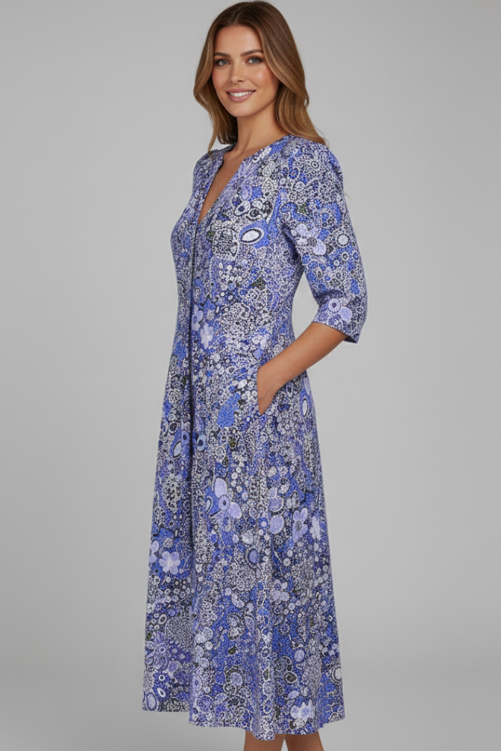 Women's Classic V-Neck Three-Quarter Sleeve Midi Dress