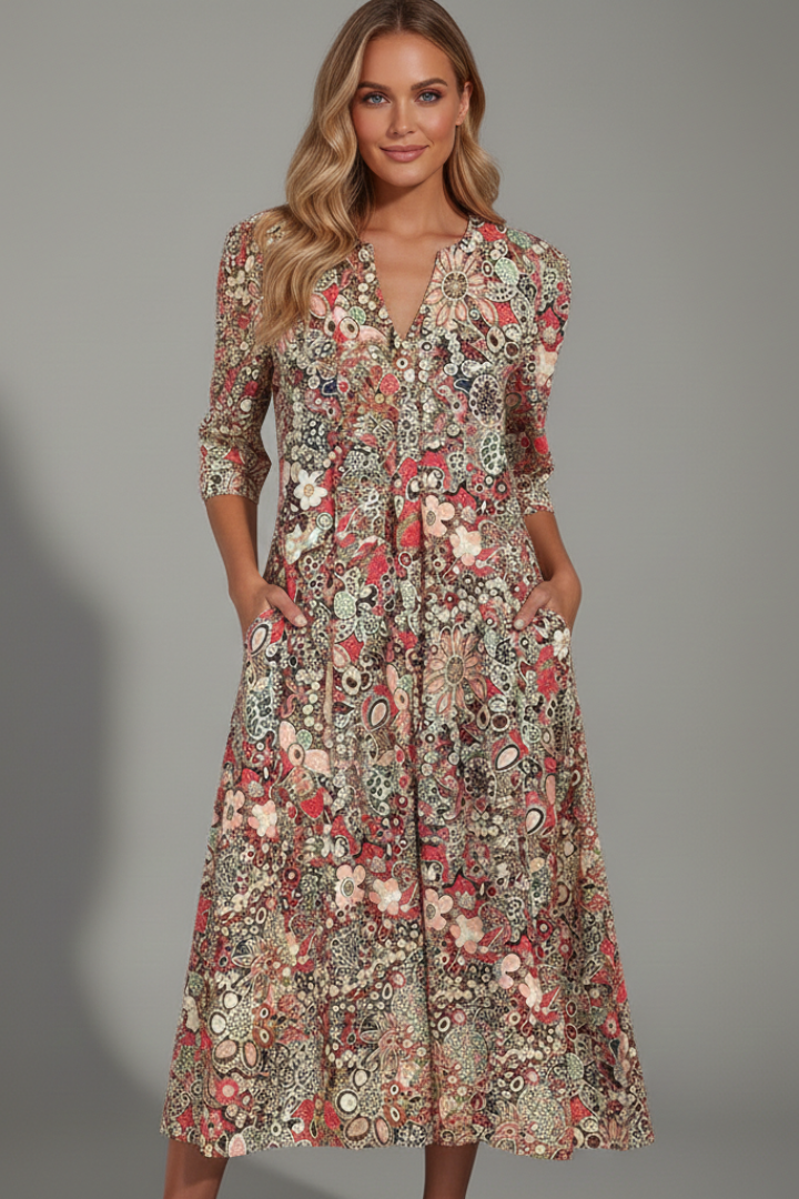 Women's Classic V-Neck Three-Quarter Sleeve Midi Dress