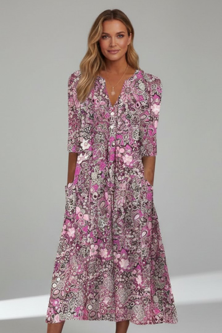 Women's Classic V-Neck Three-Quarter Sleeve Midi Dress