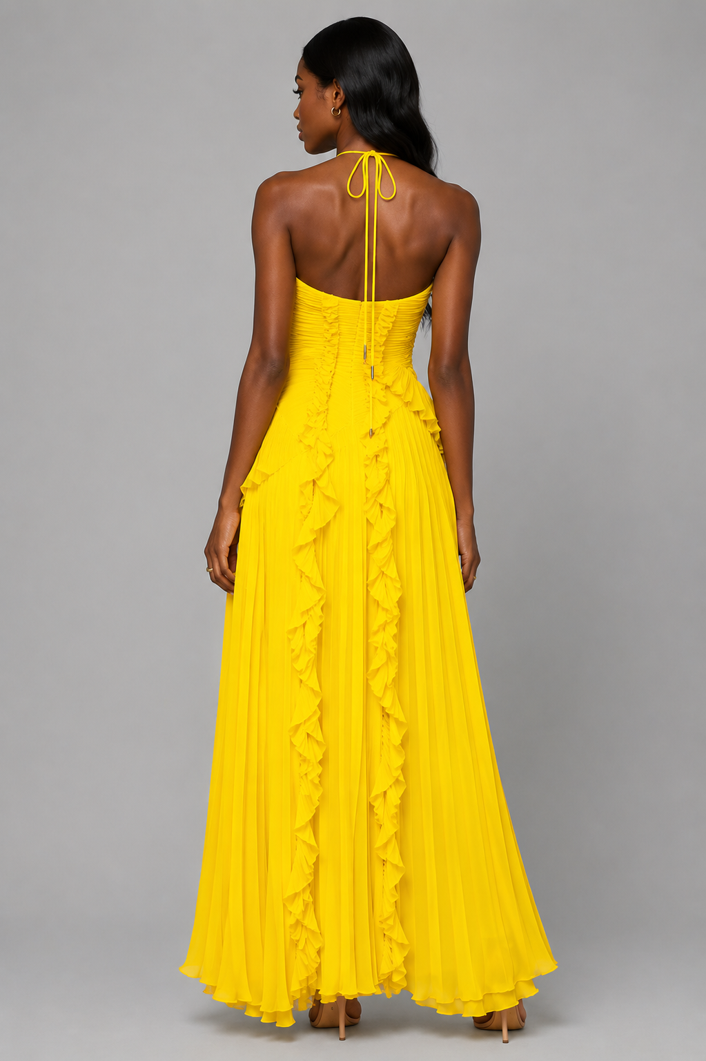 Women's Romantic Pleated Ruffle Halter Maxi Dress