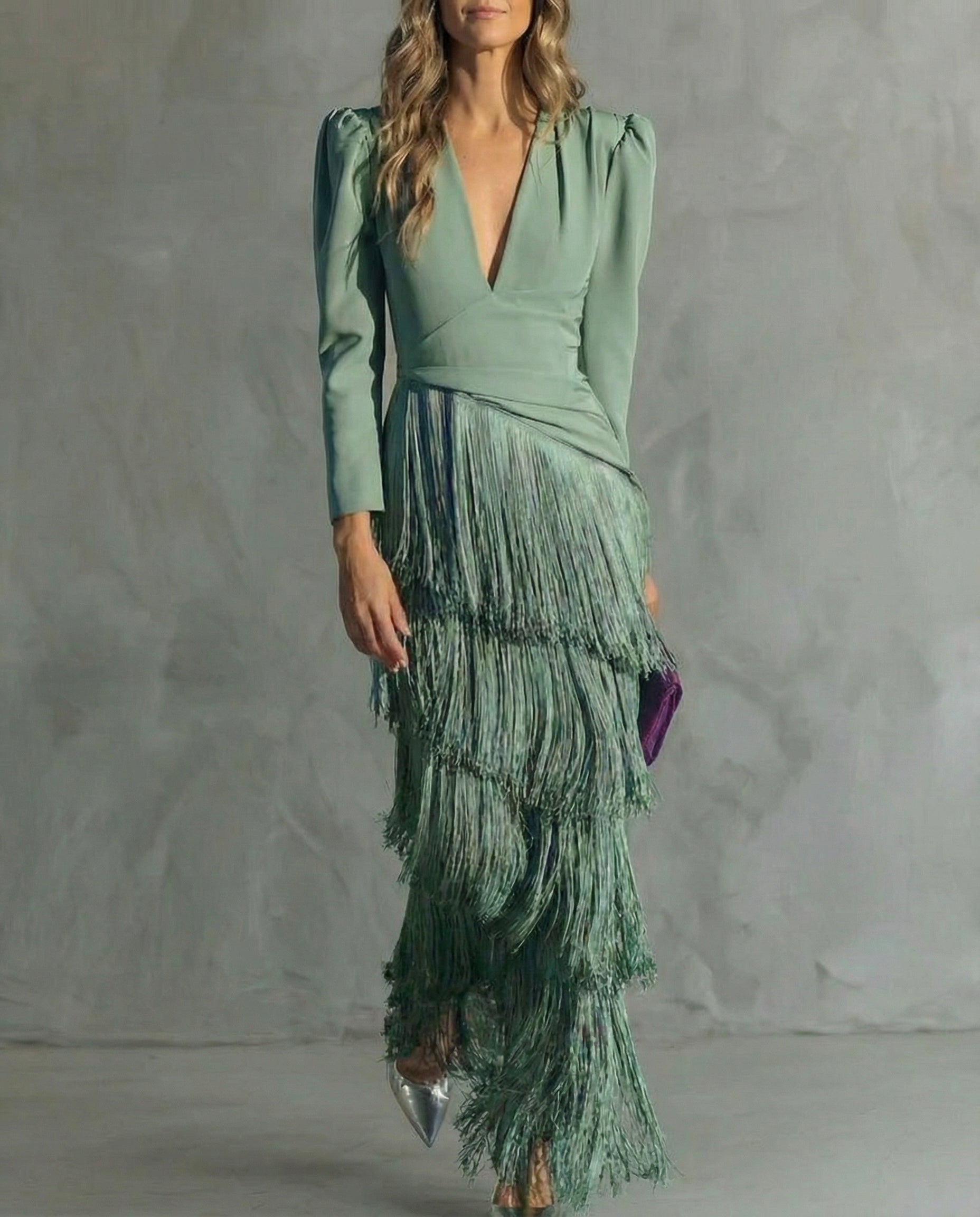 Women's V-Neck Fringe Maxi Dress