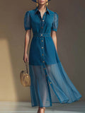 Women's Button Front V-Neck Maxi Dress