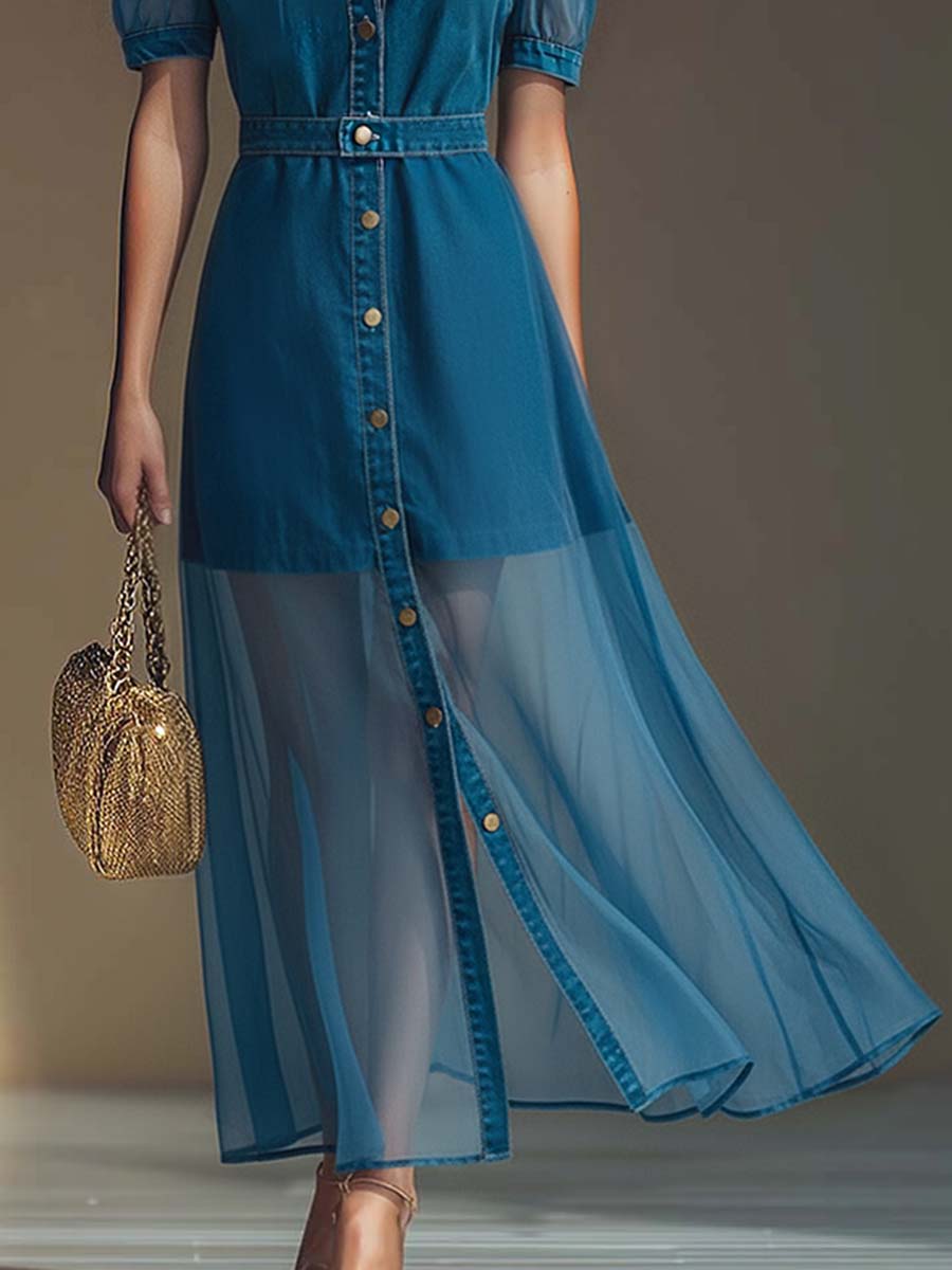 Women's Button Front V-Neck Maxi Dress
