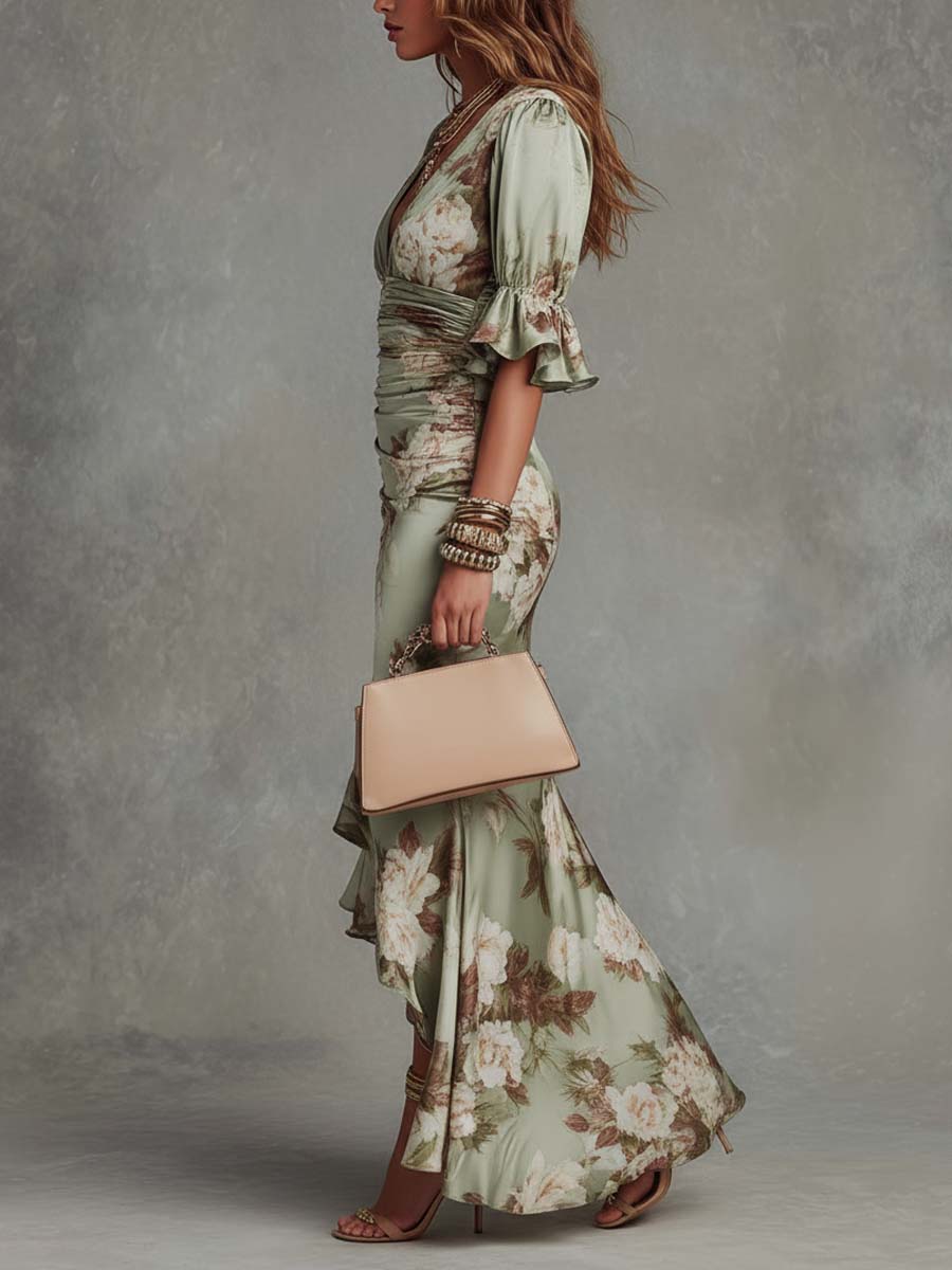 Women's Romantic Floral Ruched Waist Fishtail Wedding Maxi Dress