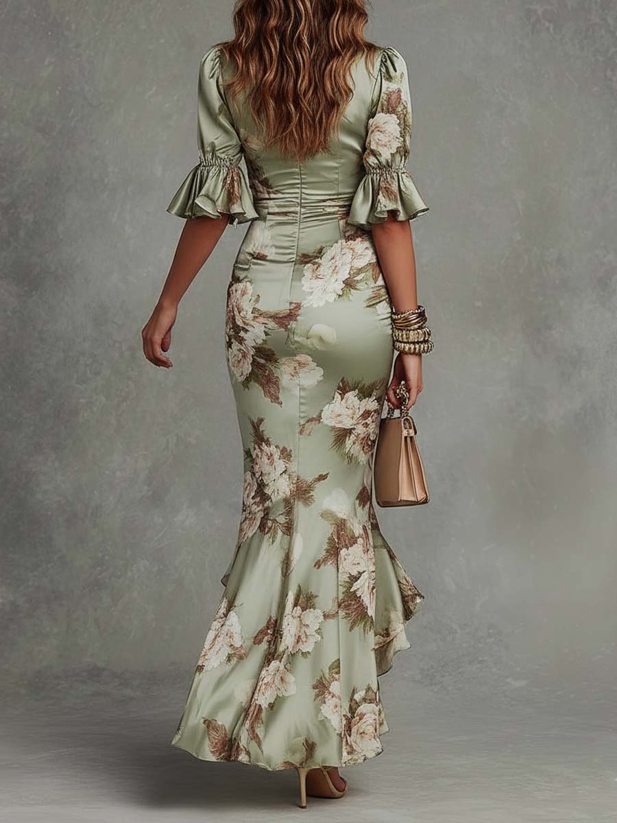 Women's Romantic Floral Ruched Waist Fishtail Wedding Maxi Dress