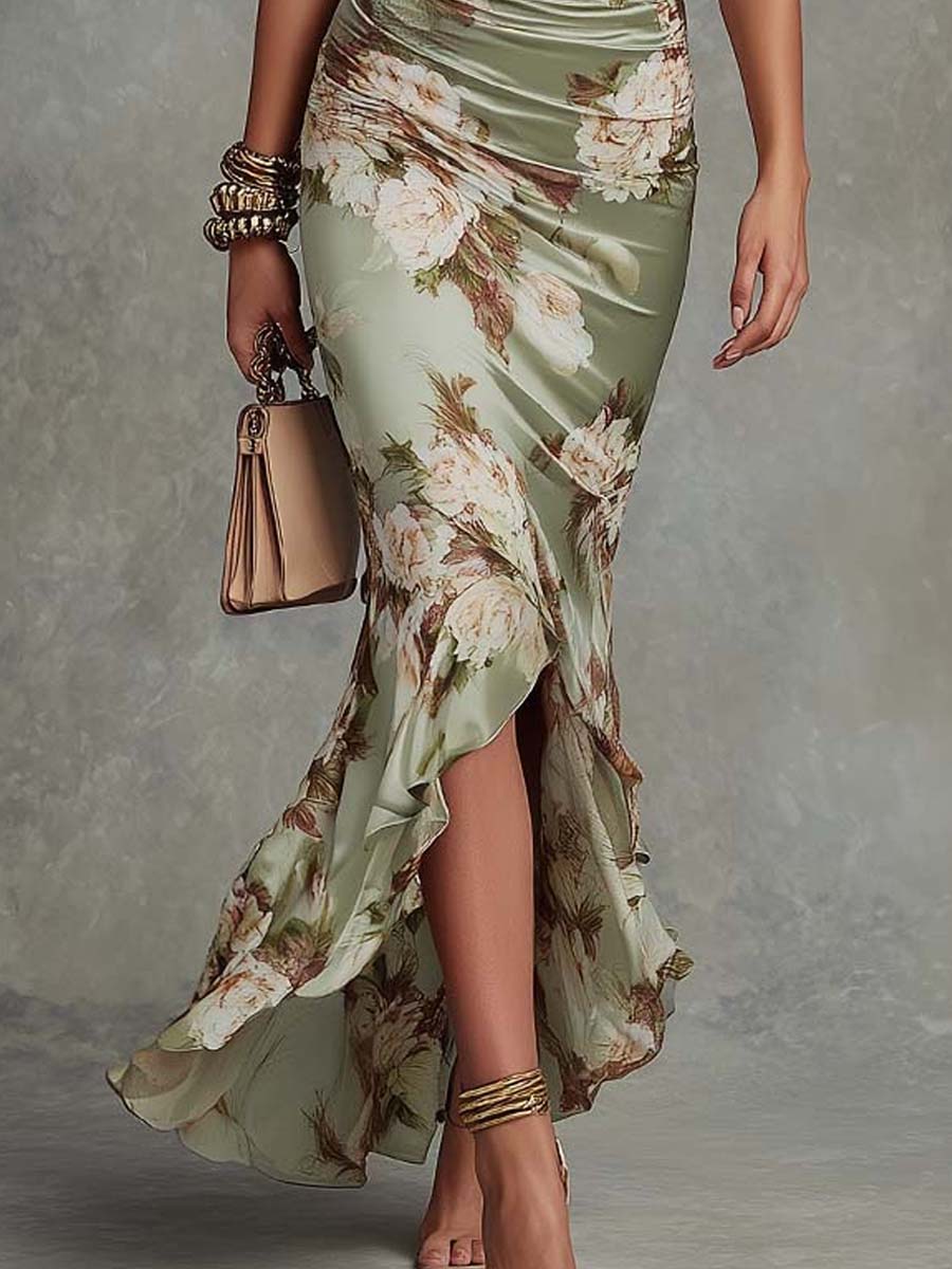 Women's Romantic Floral Ruched Waist Fishtail Wedding Maxi Dress